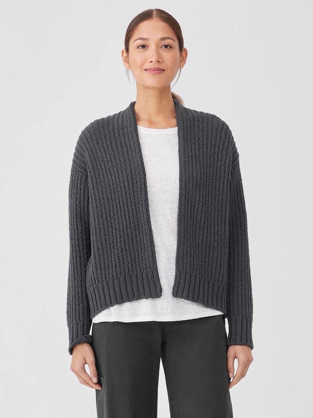 Eileen Fisher Sz S Gray Peruvian Organic Cotton Crimp Open Cardigan Sweater